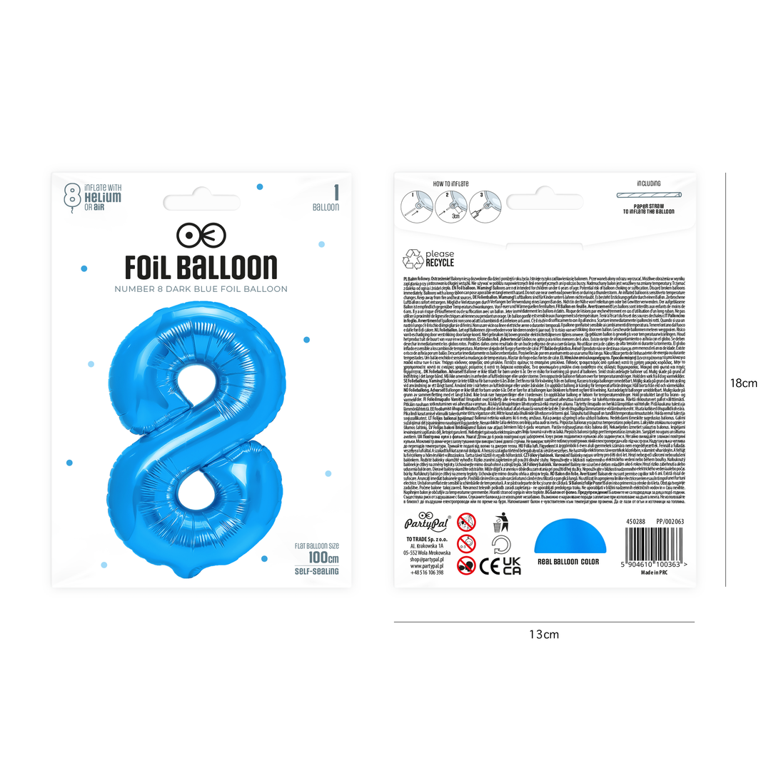 Balon foliowy cyfra 8 ciemnoniebieski 100cm