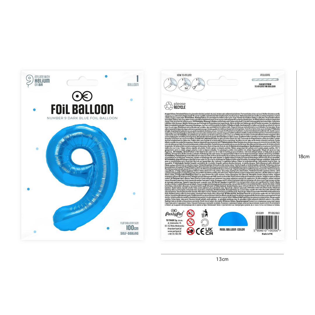 Balon foliowy cyfra 9 ciemnoniebieski 100cm