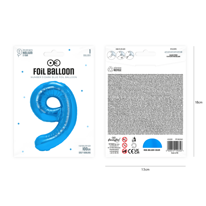 Balon foliowy cyfra 9 ciemnoniebieski 100cm