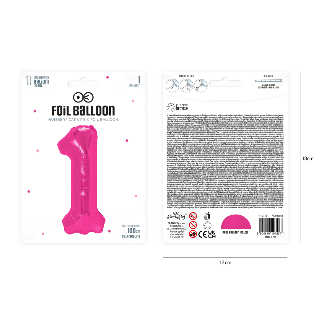 Balon foliowy cyfra 1 ciemnoróżowy 100cm