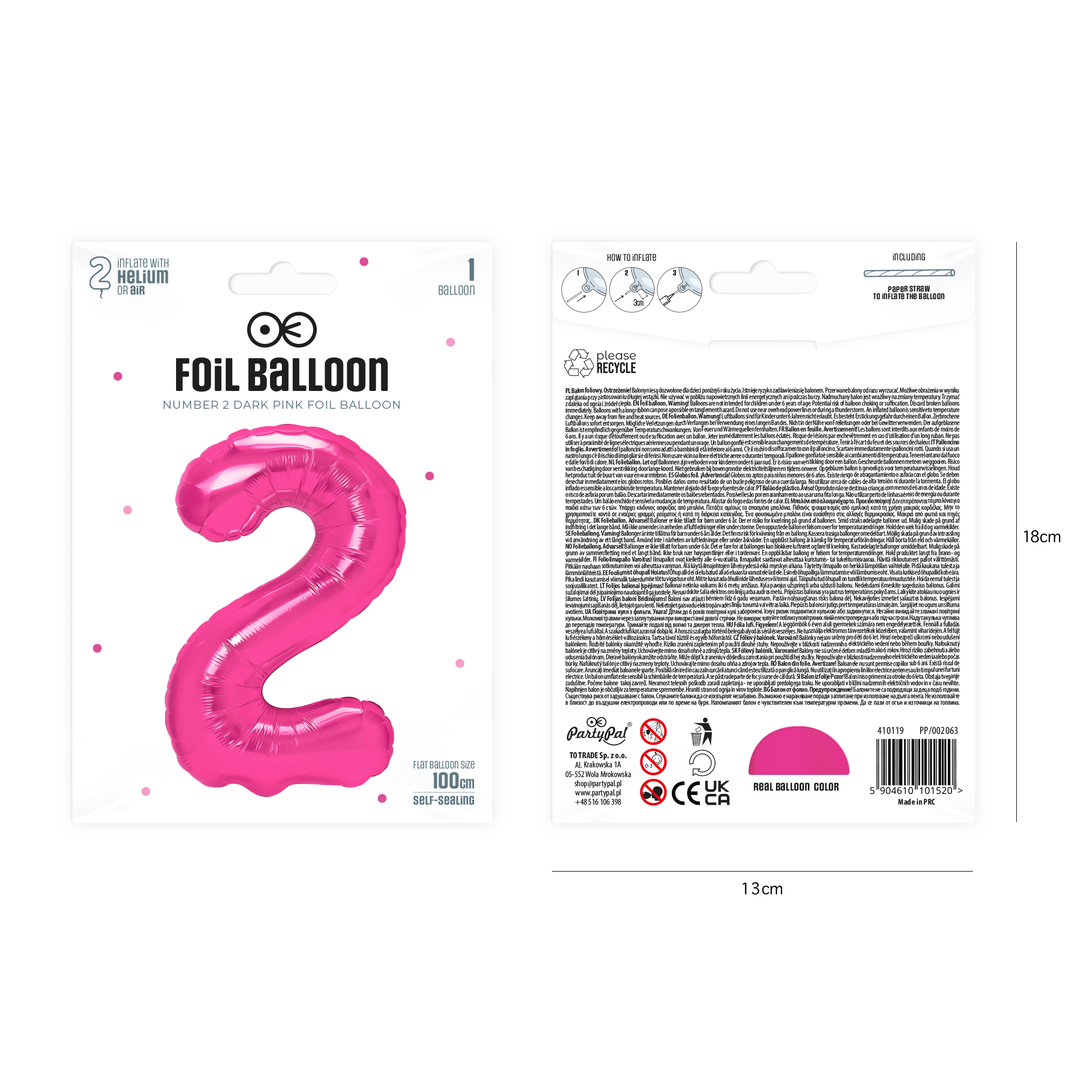 Balon foliowy cyfra 2 ciemnoróżowy 100cm