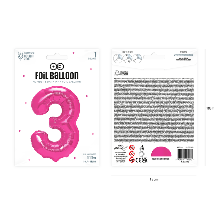 Balon foliowy cyfra 3 ciemnoróżowy 100cm
