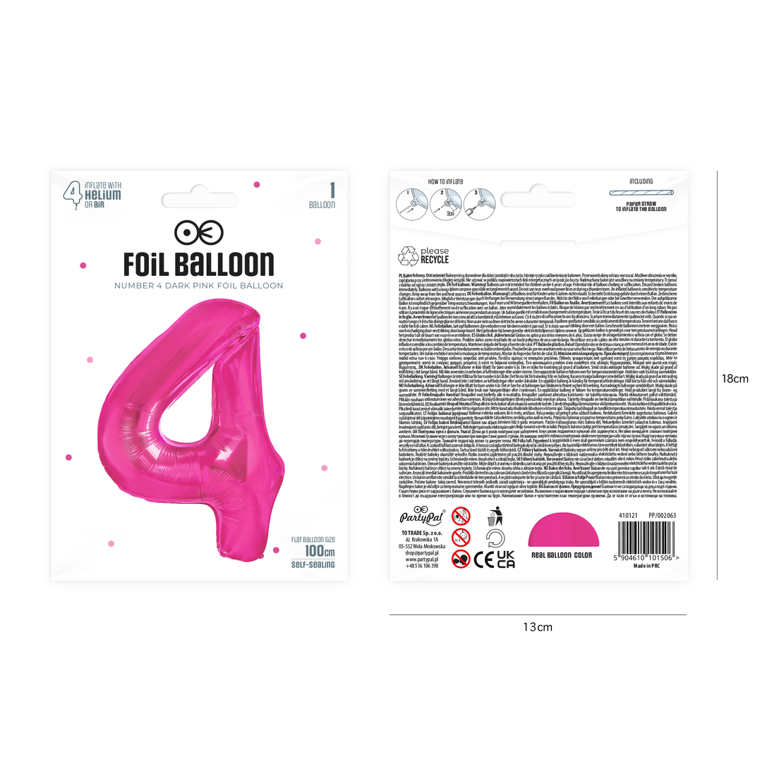 Balon foliowy cyfra 4 ciemnoróżowy 100cm