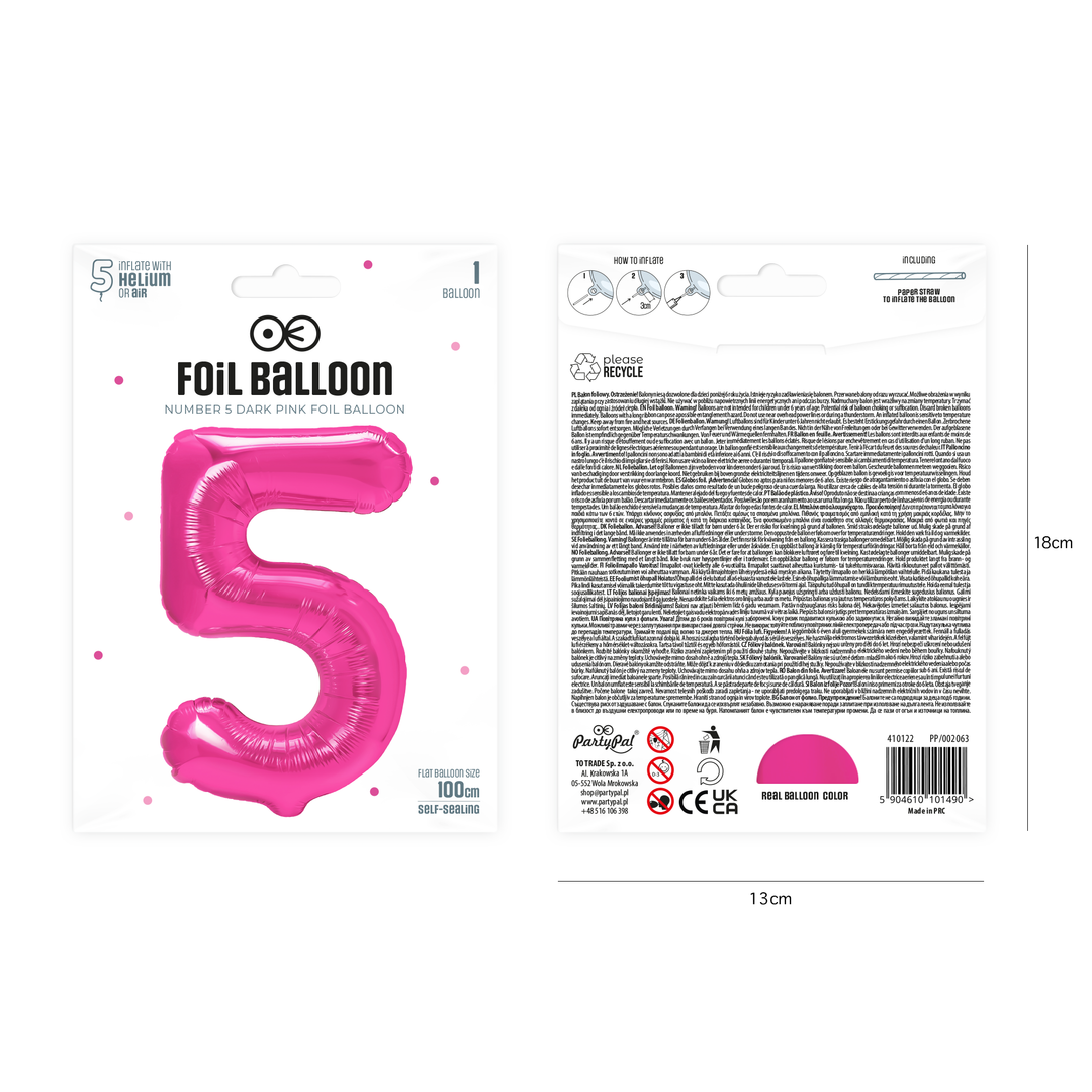 Balon foliowy cyfra 5 ciemnoróżowy 100cm