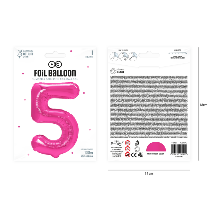 Balon foliowy cyfra 5 ciemnoróżowy 100cm