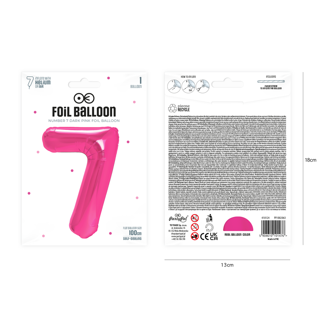 Balon foliowy cyfra 7 ciemnoróżowy 100cm