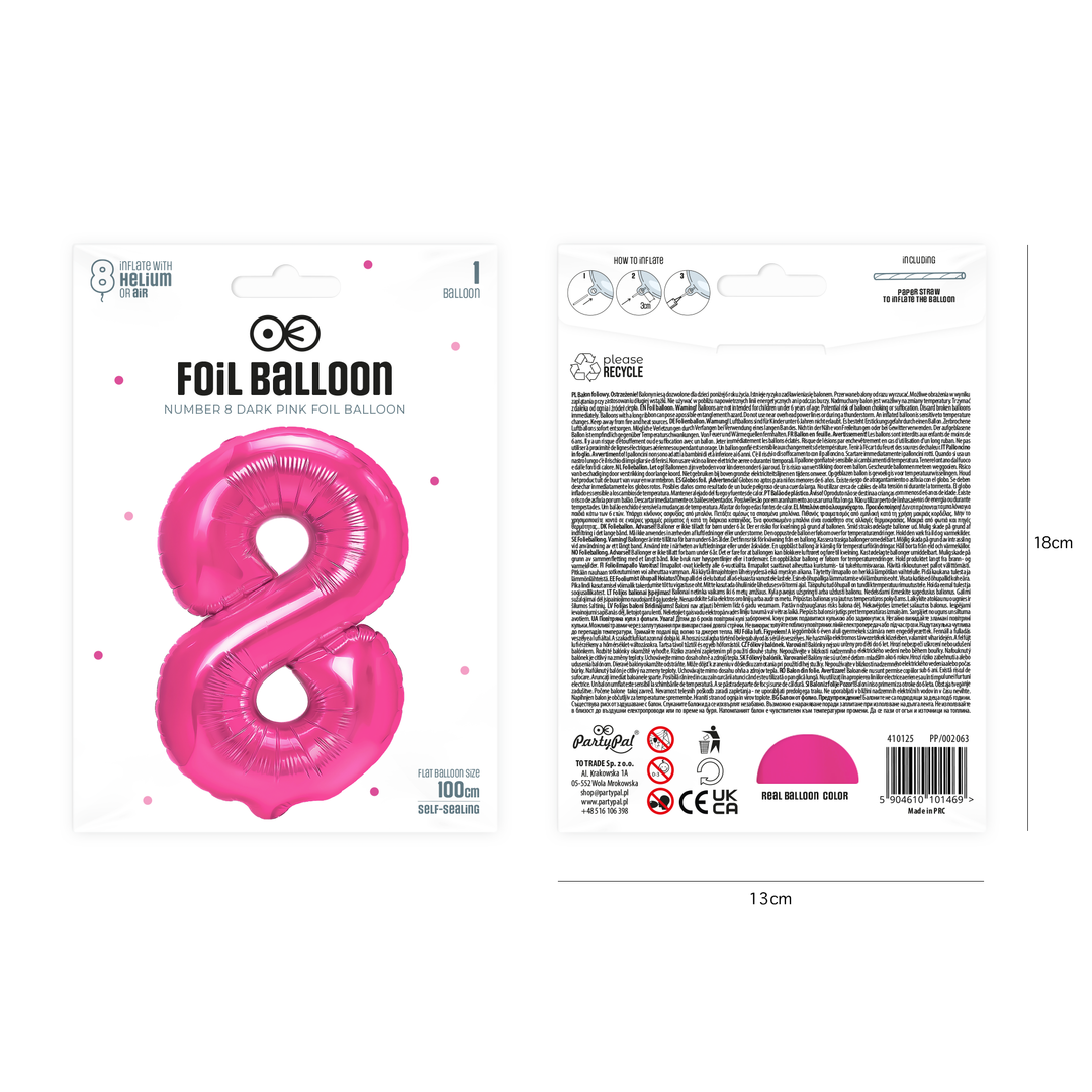 Balon foliowy cyfra 8 ciemnoróżowy 100cm