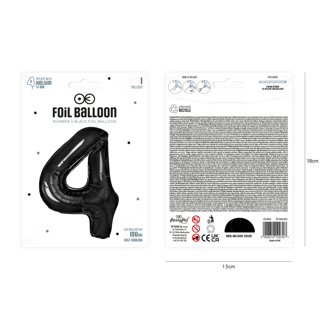 Balon foliowy cyfra 4 czarny 100cm