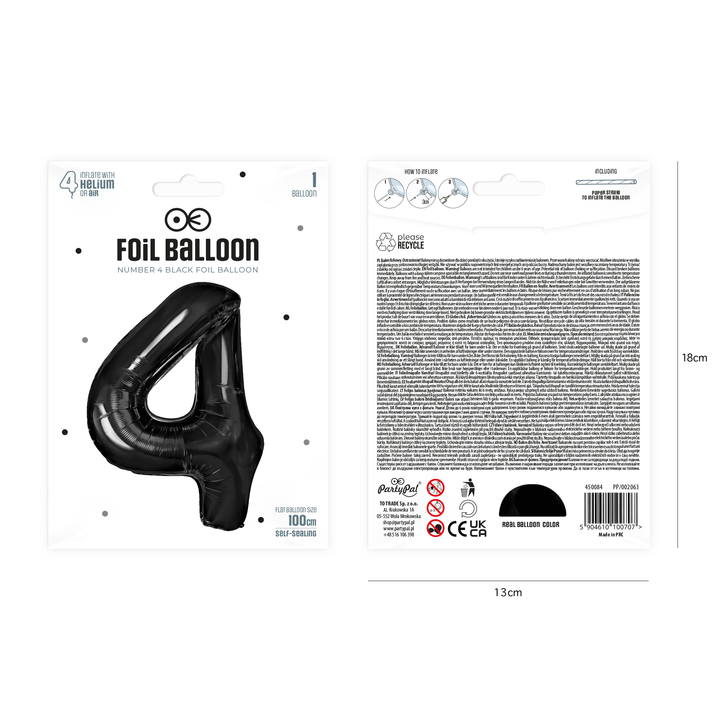 Balon foliowy cyfra 4 czarny 100cm