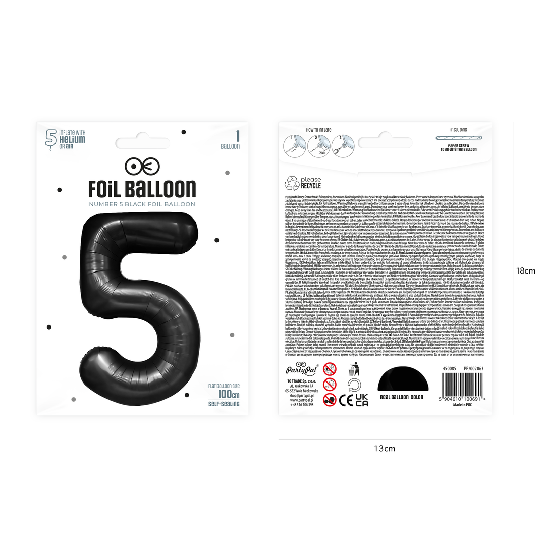 Balon foliowy cyfra 5 czarny 100cm