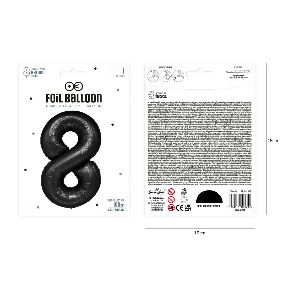 Balon foliowy cyfra 8 czarny 100cm