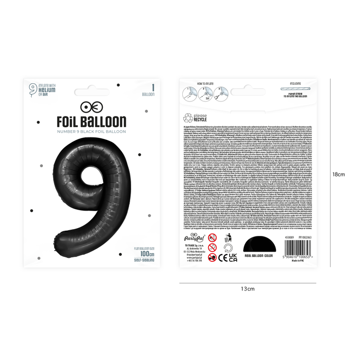 Balon foliowy cyfra 9 czarny 100cm