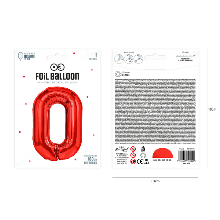 Balon foliowy cyfra 0 czerwony 100cm