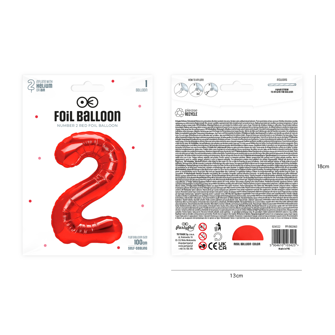 Balon foliowy cyfra 2 czerwony 100cm
