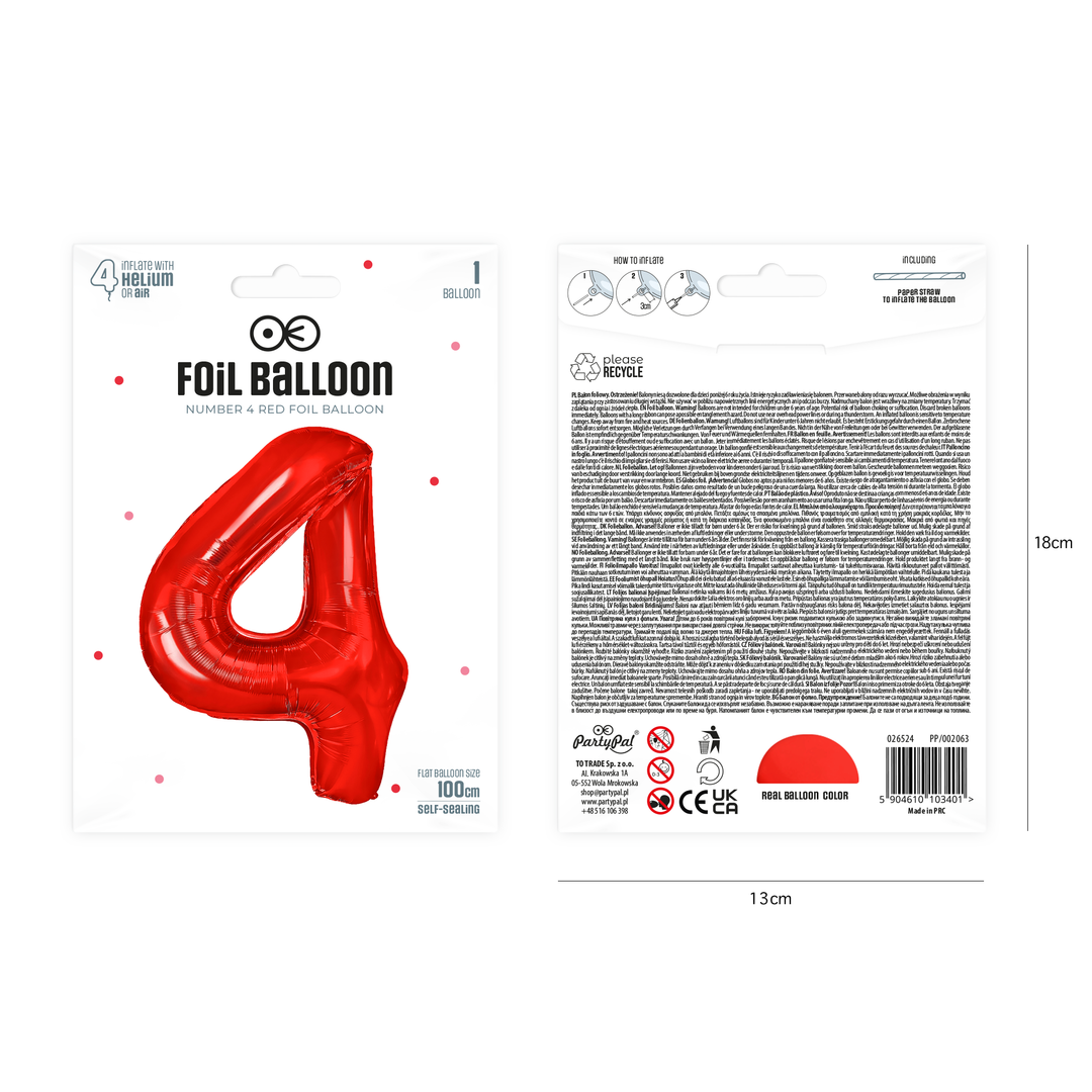 Balon foliowy cyfra 4 czerwony 100cm