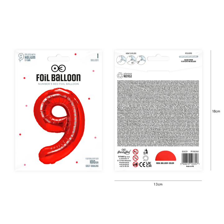 Balon foliowy cyfra 9 czerwony 100cm
