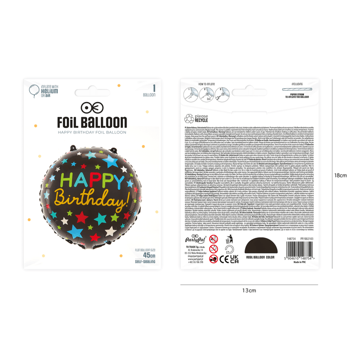 Balon foliowy Happy Birthday gwiazdki 45cm