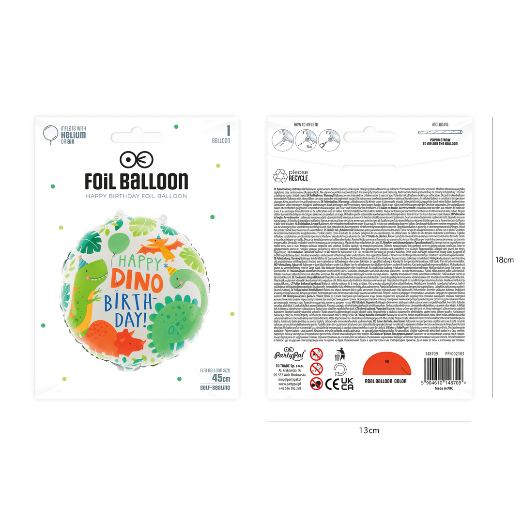 Balon foliowy Happy Birthday Dinozaury 45cm
