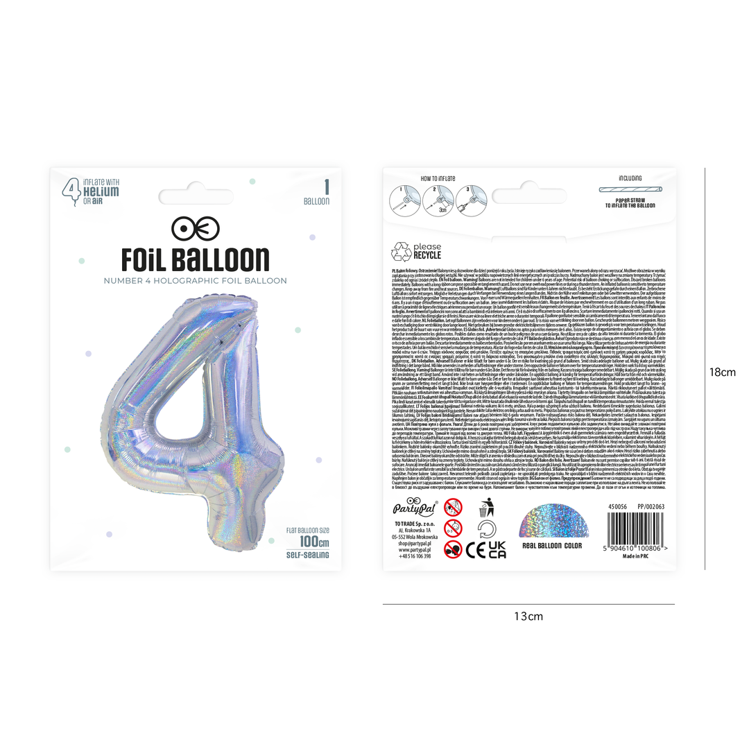 Balon foliowy cyfra 4 holograficzny 100cm