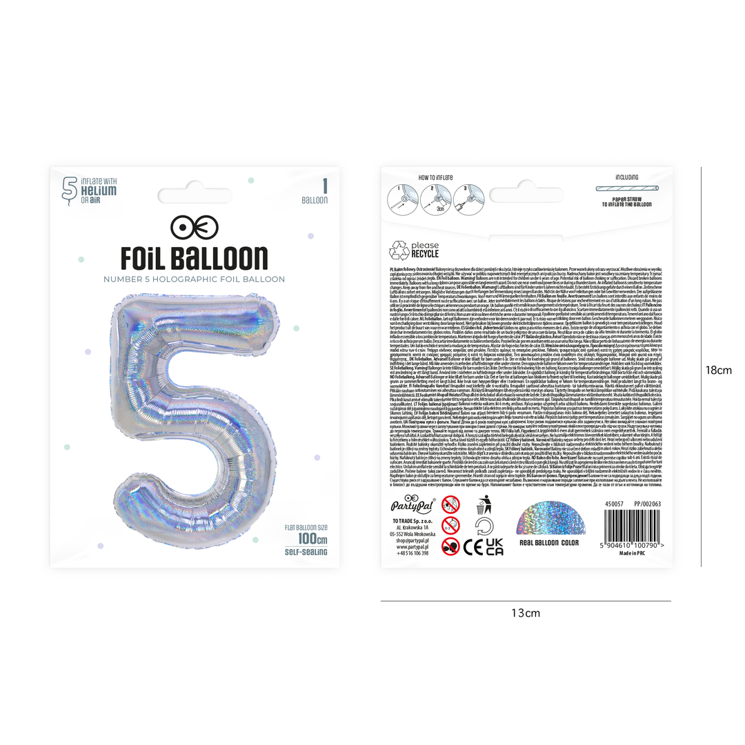 Balon foliowy cyfra 5 holograficzny 100cm