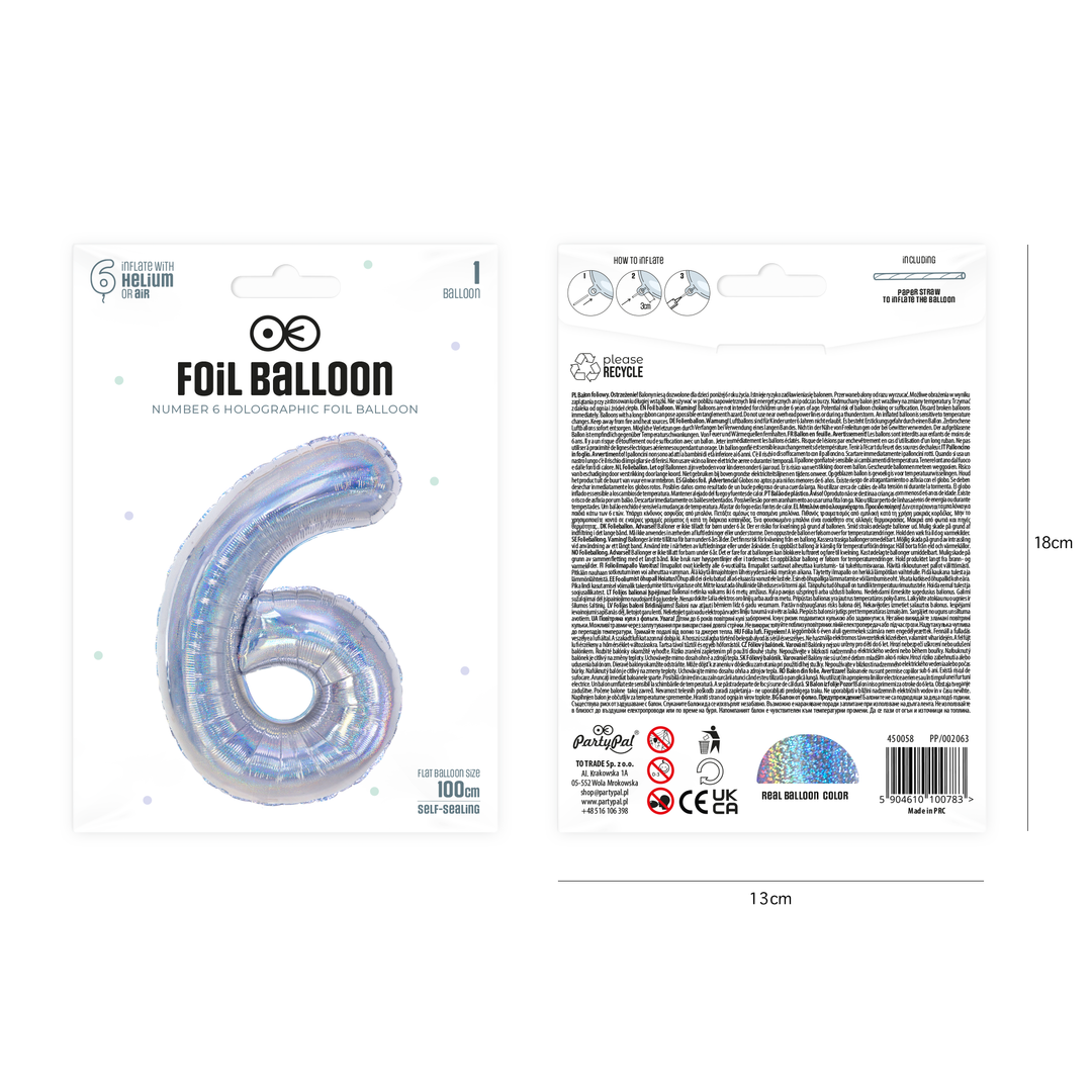 Balon foliowy cyfra 6 holograficzny 100cm