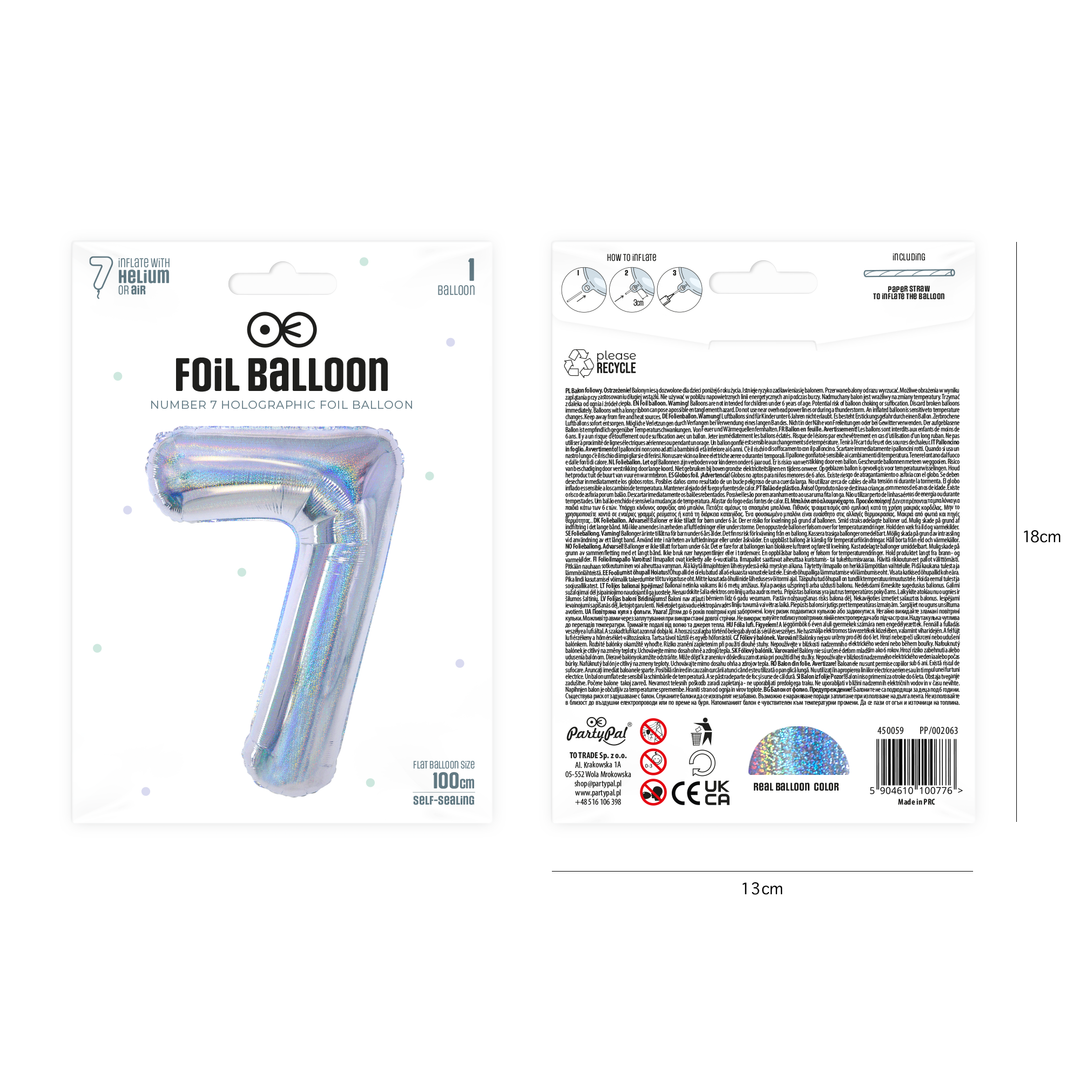 Balon foliowy cyfra 7 holograficzny 100cm