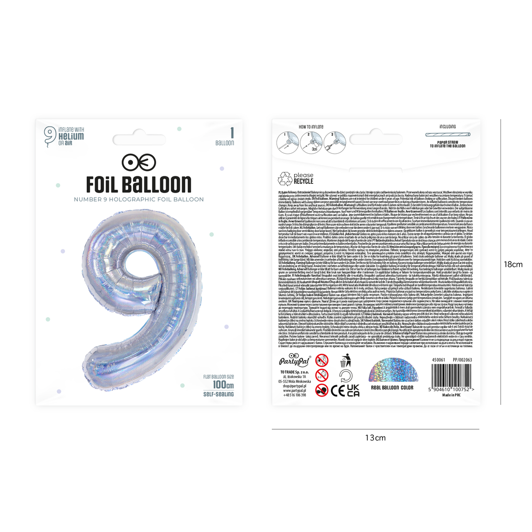 Balon foliowy cyfra 9 holograficzny 100cm