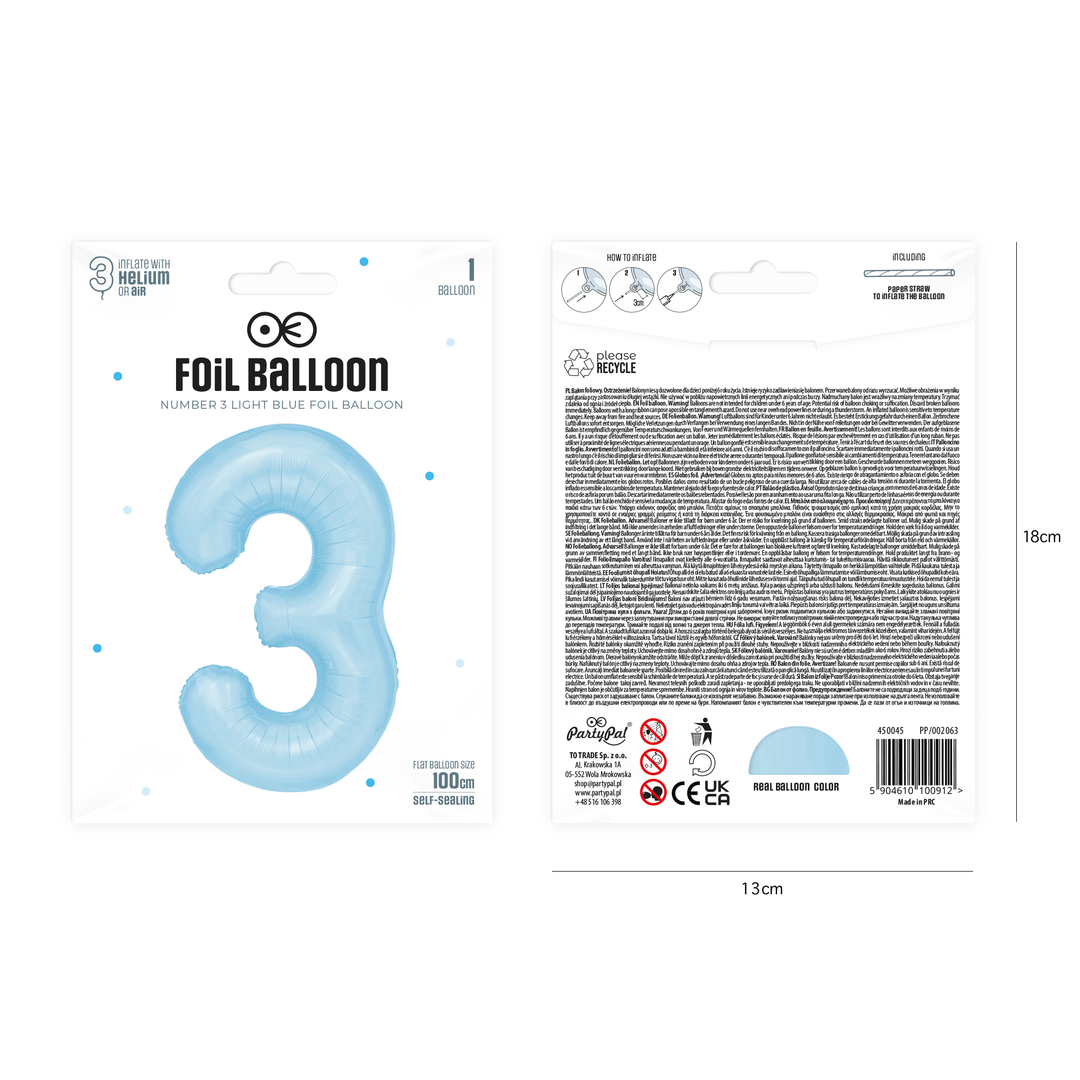 Balon foliowy cyfra 3 niebieski 100cm