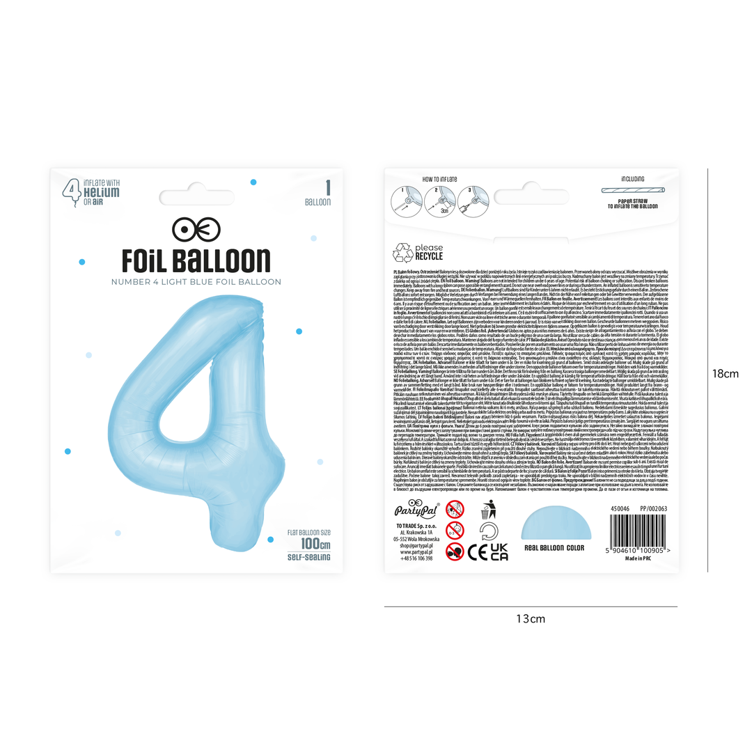 Balon foliowy cyfra 4 niebieski 100cm