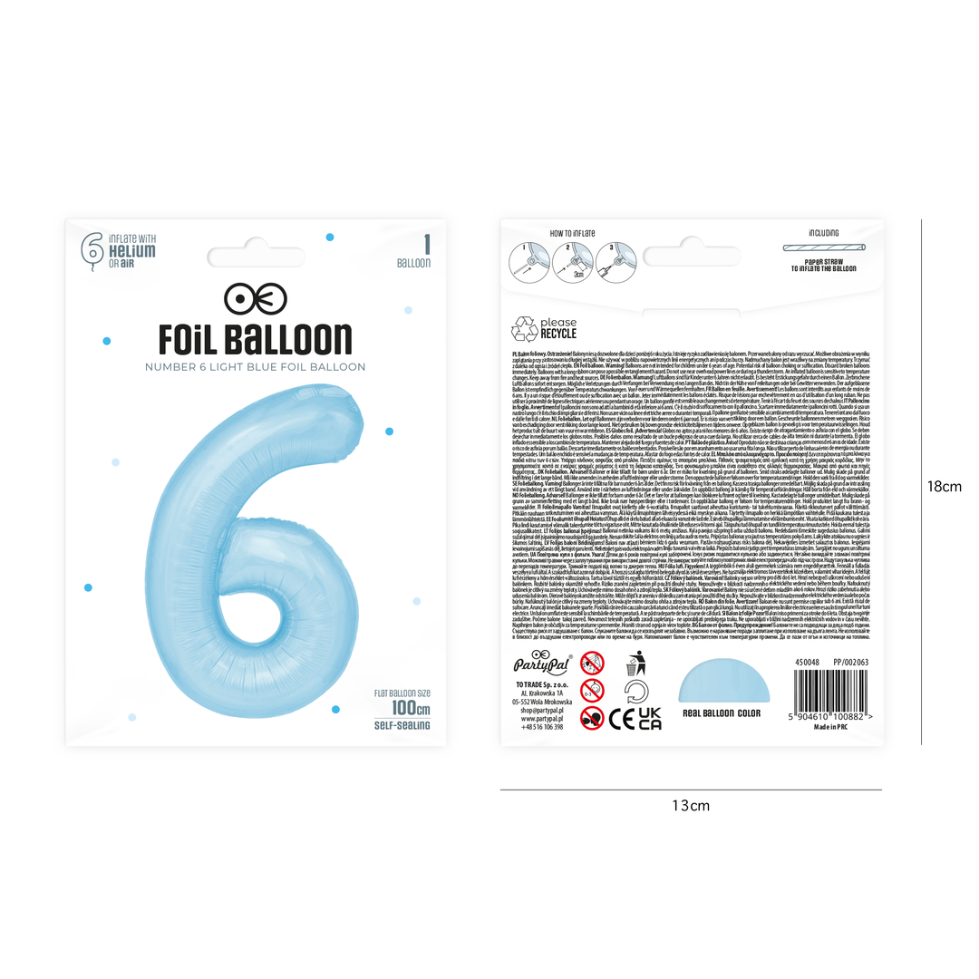 Balon foliowy cyfra 6 niebieski 100cm