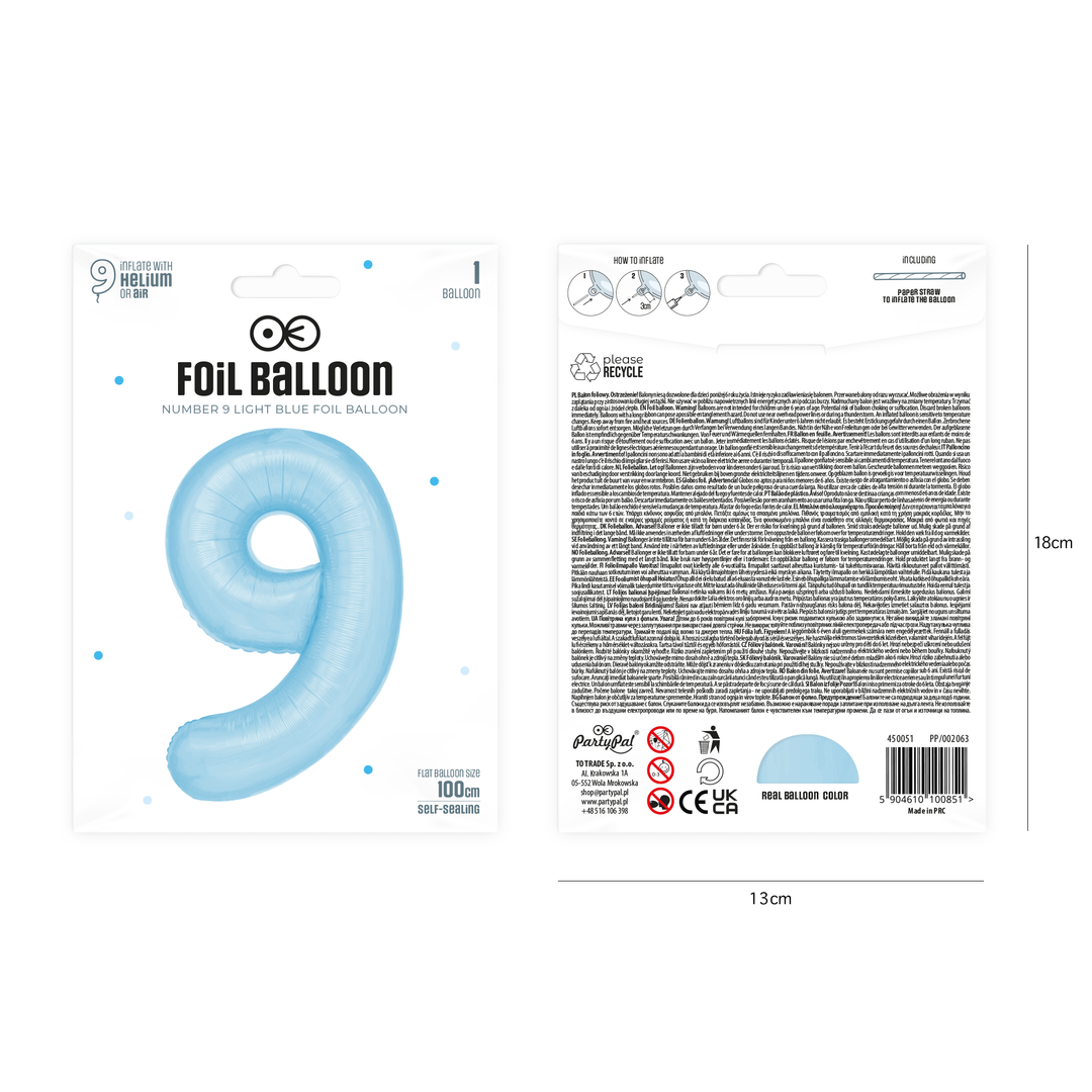 Balon foliowy cyfra 9 niebieski 100cm
