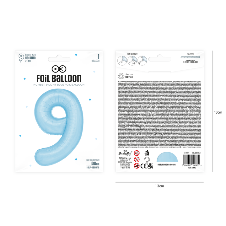 Balon foliowy cyfra 9 niebieski 100cm
