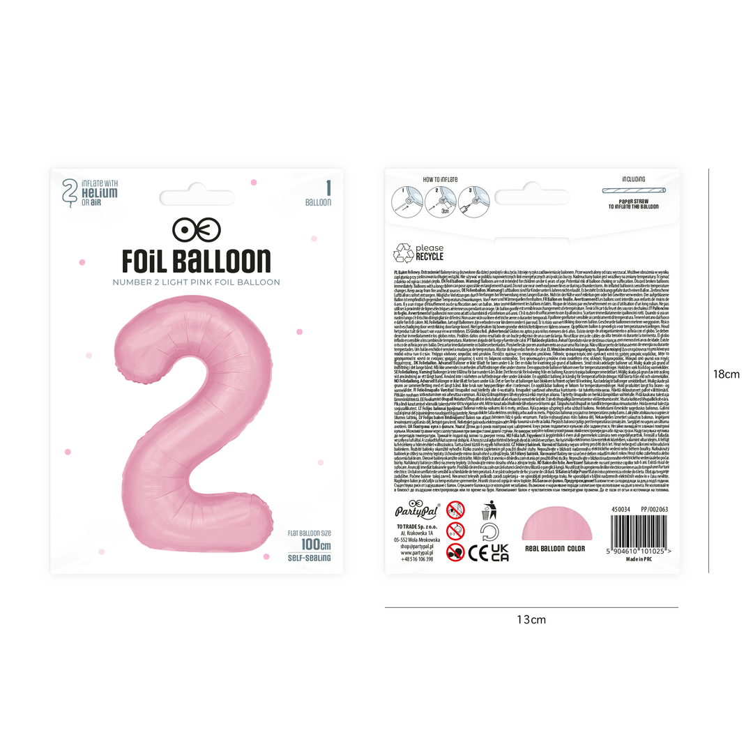 Balon foliowy cyfra 2 różowy 100cm