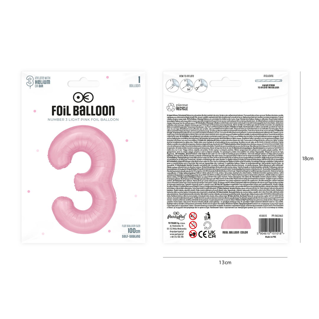 Balon foliowy cyfra 3 różowy 100cm