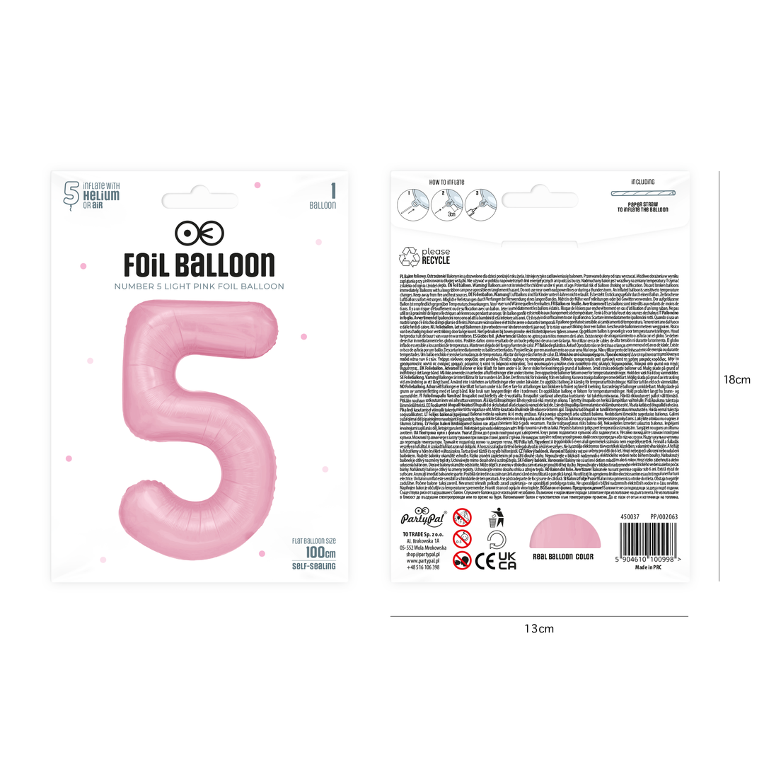 Balon foliowy cyfra 5 różowy 100cm