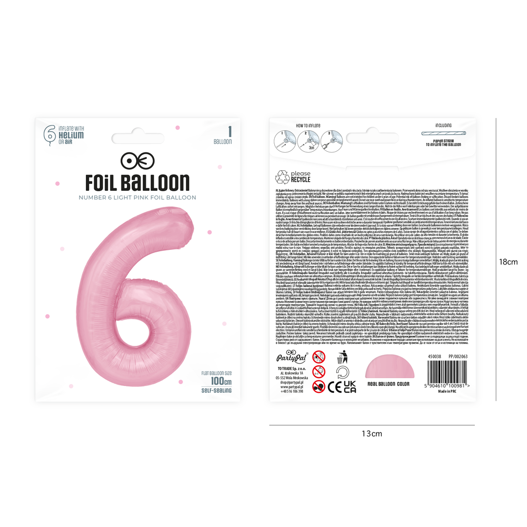 Balon foliowy cyfra 6 różowy 100cm