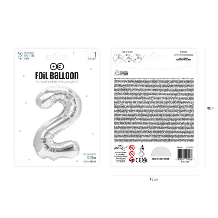 Balon foliowy cyfra 2 srebrny 100cm