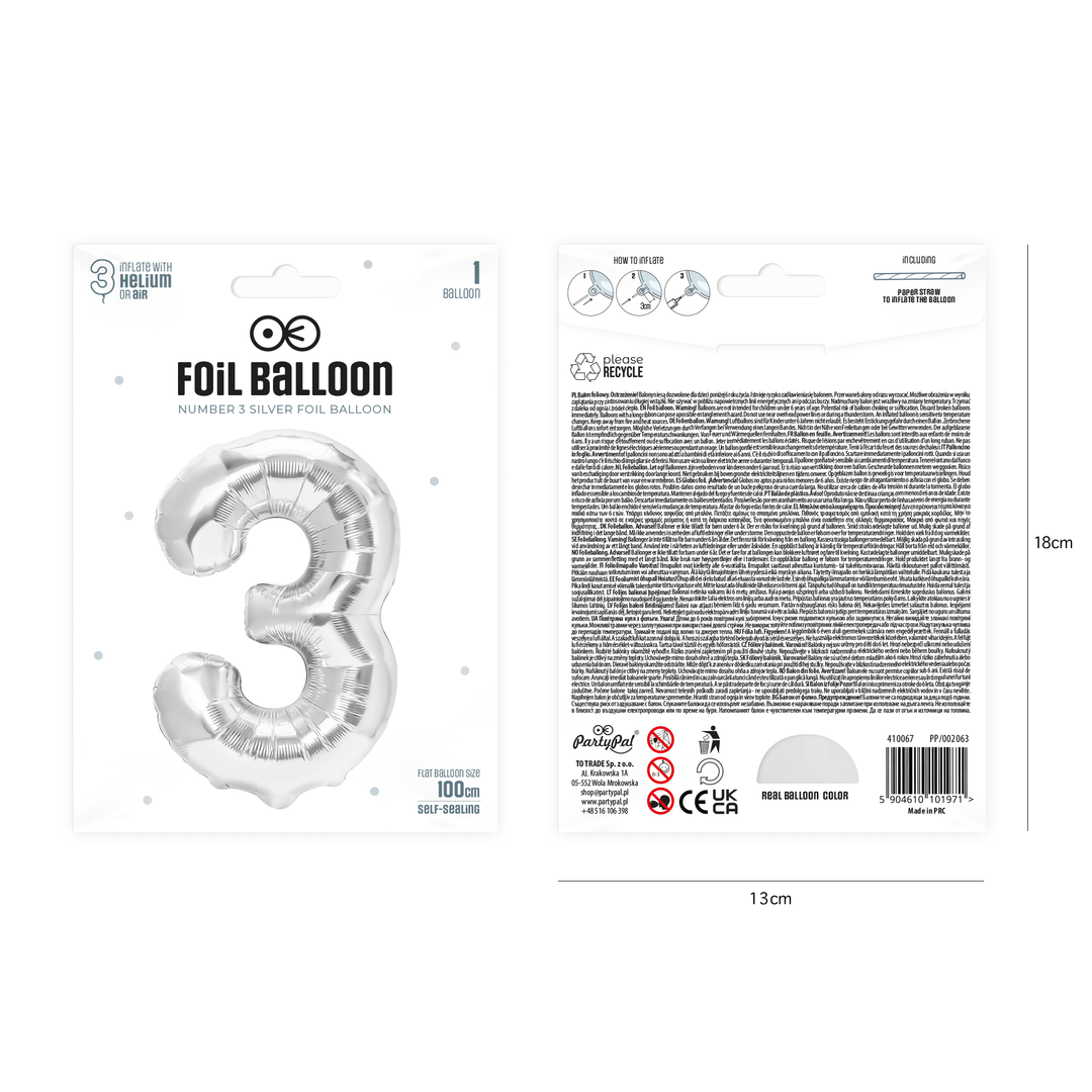 Balon foliowy cyfra 3 srebrny 100cm
