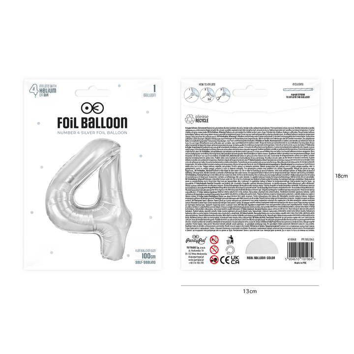 Balon foliowy cyfra 4 srebrny 100cm
