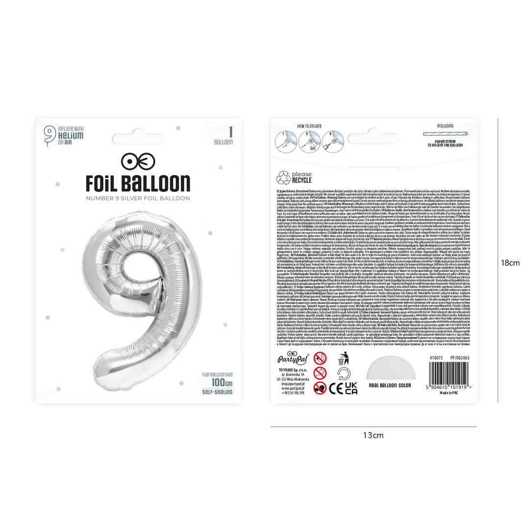 Balon foliowy cyfra 9 srebrny 100cm
