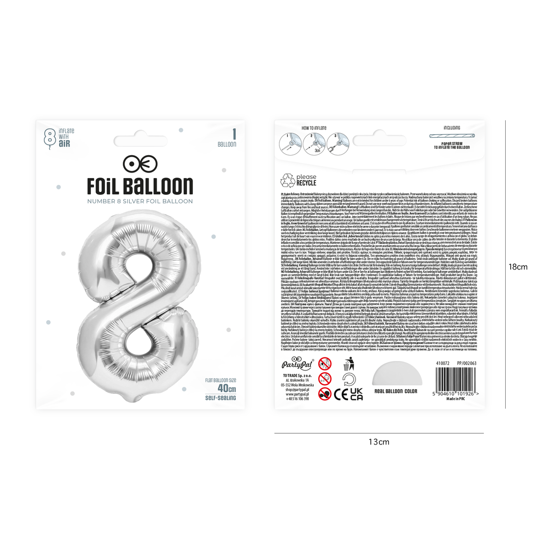 Balon foliowy cyfra 8 srebrny 40cm