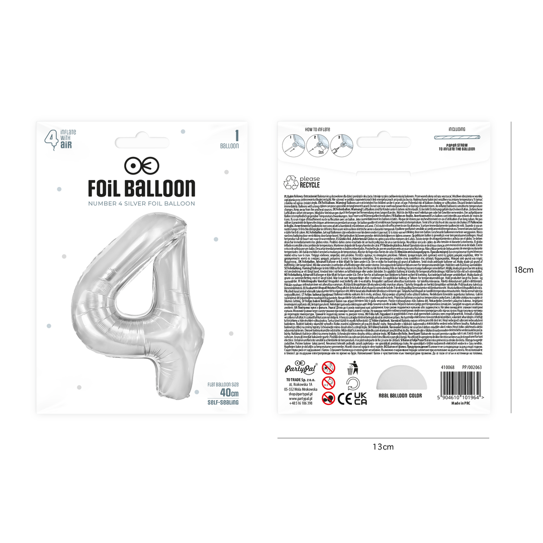 Balon foliowy cyfra 4 srebrny 40cm