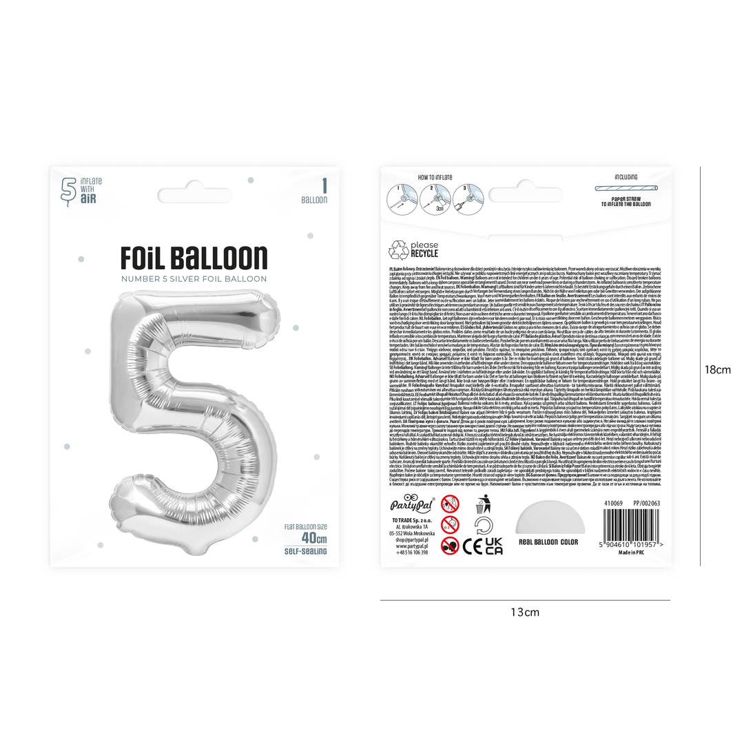 Balon foliowy cyfra 5 srebrny 40cm