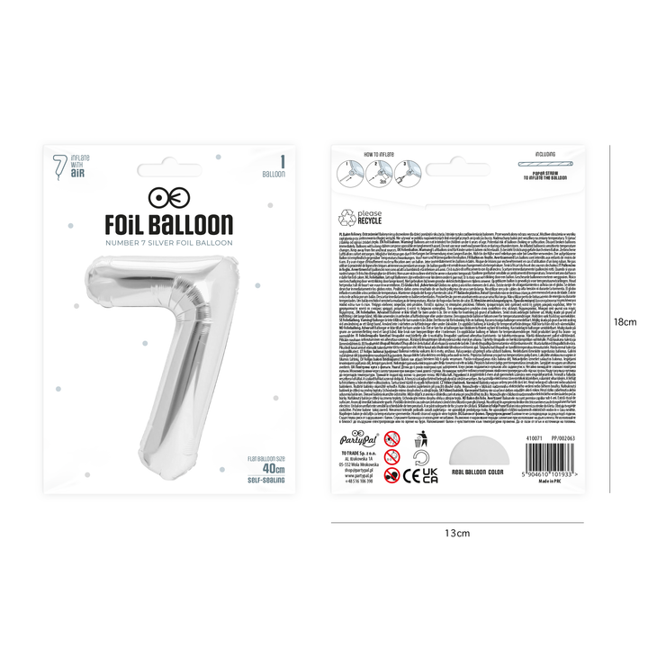 Folienballon Zahl 7 Silber 40cm