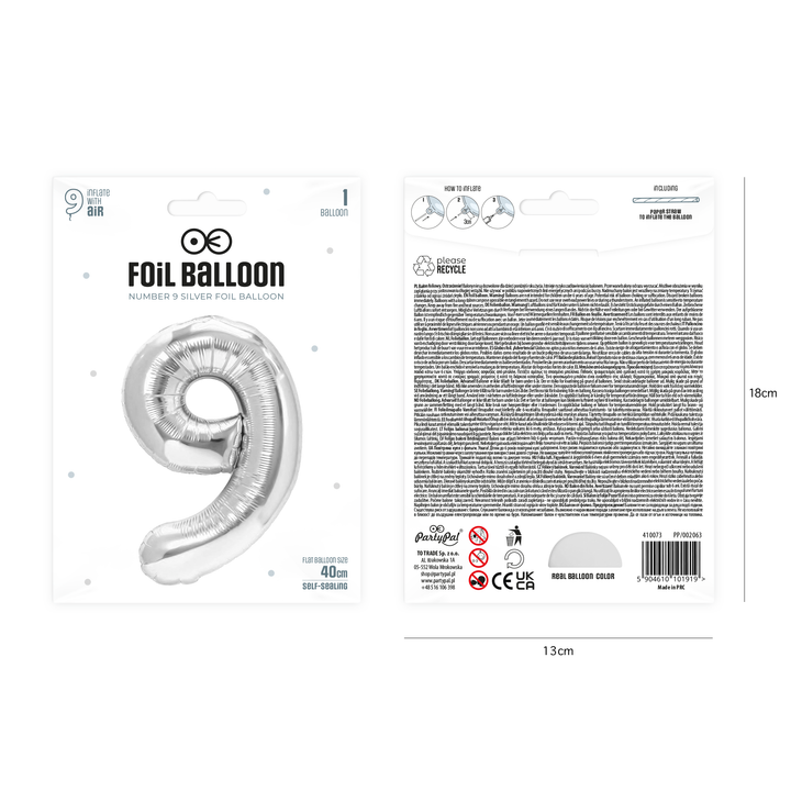 Balon foliowy cyfra 9 srebrny 40cm