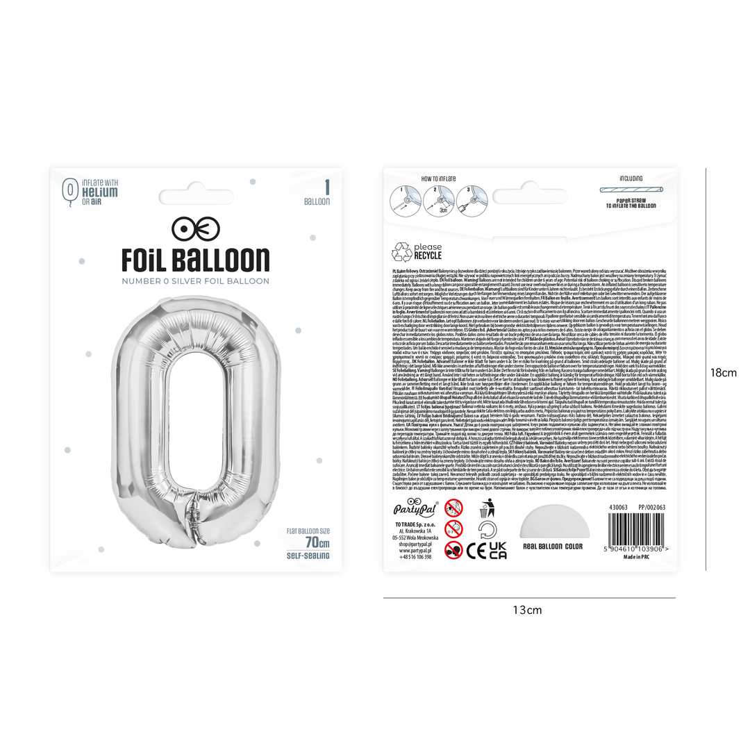 Balon foliowy cyfra 0 srebrny 70cm