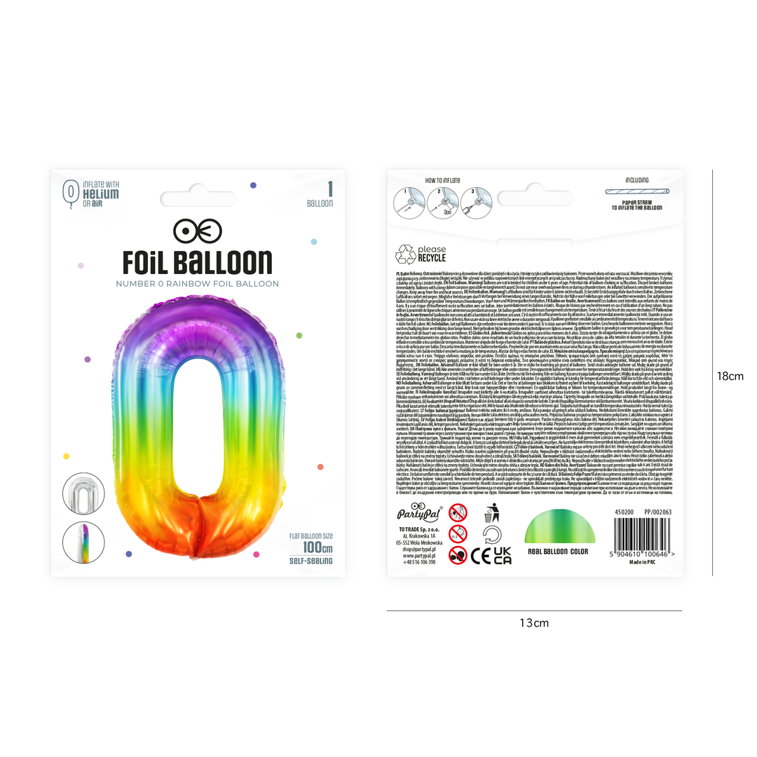 Balon foliowy cyfra 0 tęczowy 100cm