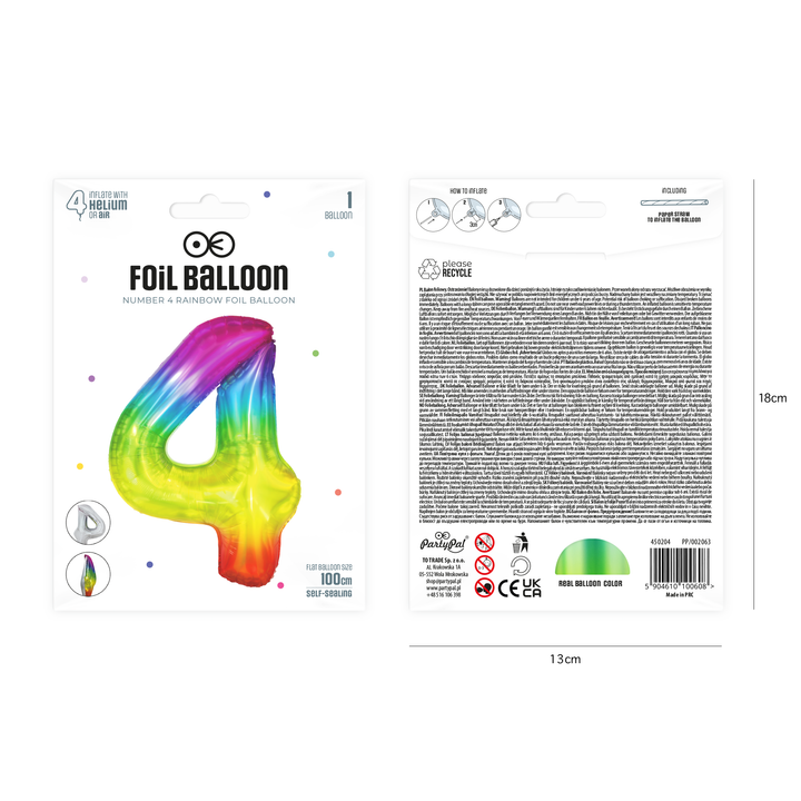 Balon foliowy cyfra 4 tęczowy 100cm