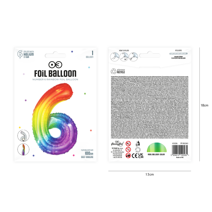 Balon foliowy cyfra 6 tęczowy 100cm