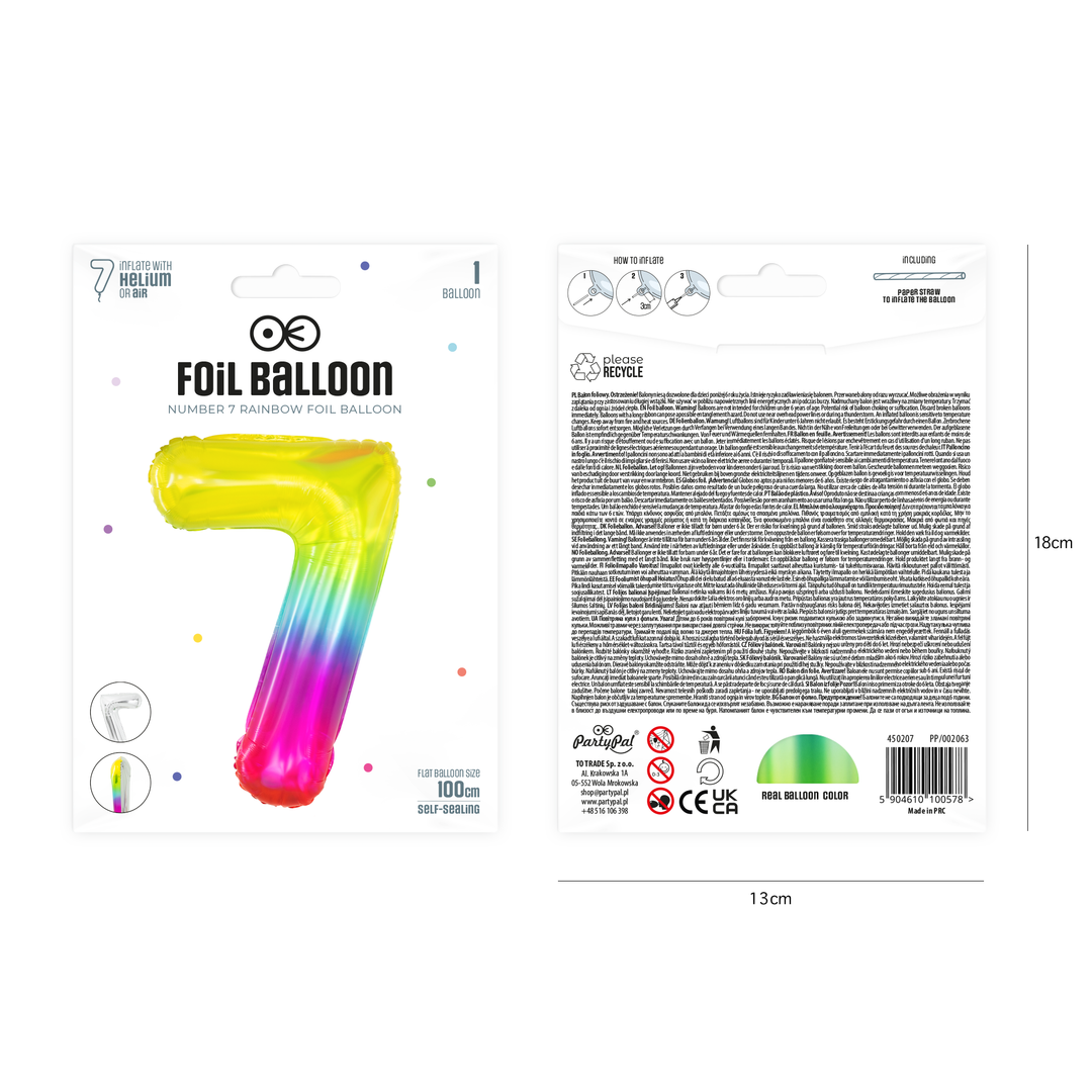 Balon foliowy cyfra 7 tęczowy 100cm